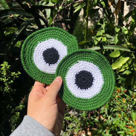 Set of 2 Green Crochet Evil Eye Coasters