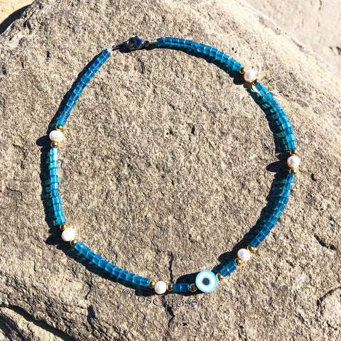 Evil Eye & Pearls Chocker (ocean blue)