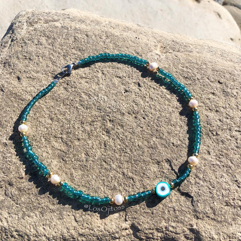 Evil Eye & Pearls Chocker (aqua)