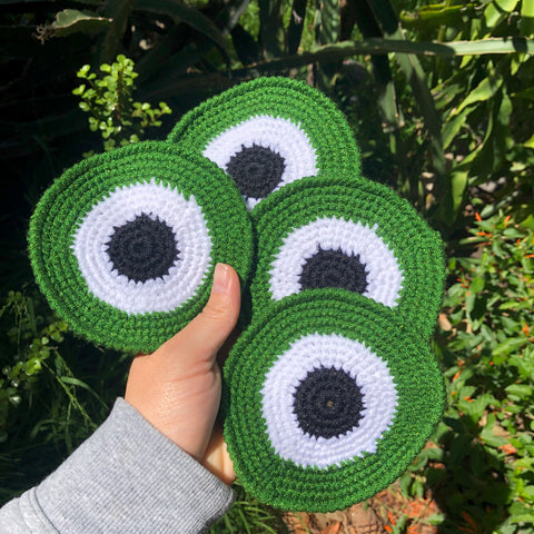 Set of 4 Green Crochet Evil Eye Coaster